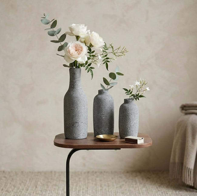Serrana Glass Stone-Effect Speckled Grey Pottery Vases — stone-effect grey speckled pottery for dried botanicals