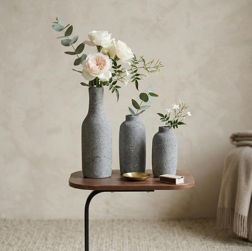 Serrana Glass Stone-Effect Speckled Grey Pottery Vases — stone-effect grey speckled pottery for dried botanicals