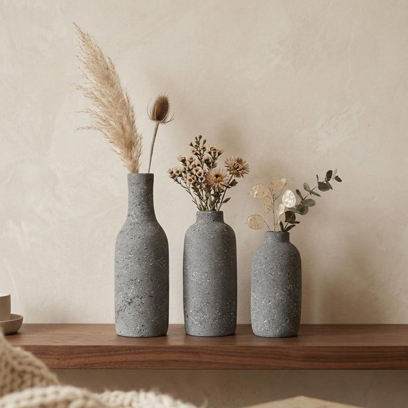 Serrana Glass Stone-Effect Speckled Grey Pottery Vases — stone-effect grey speckled pottery for dried botanicals
