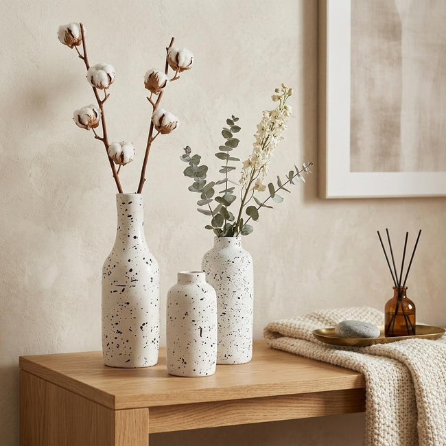 Serrana Glass Speckled Monochrome Pottery Vase set — white pottery with black splatter pattern for shelf display