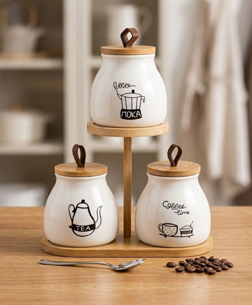 Serrana Glass Nordic Coffee Tea Countertop Organizer — ceramic and bamboo tiered storage for coffee tea and sugar