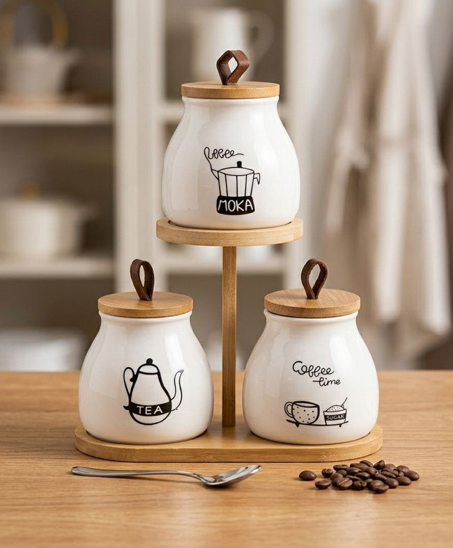 Serrana Glass Nordic Coffee Tea Countertop Organizer — ceramic and bamboo tiered storage for coffee tea and sugar