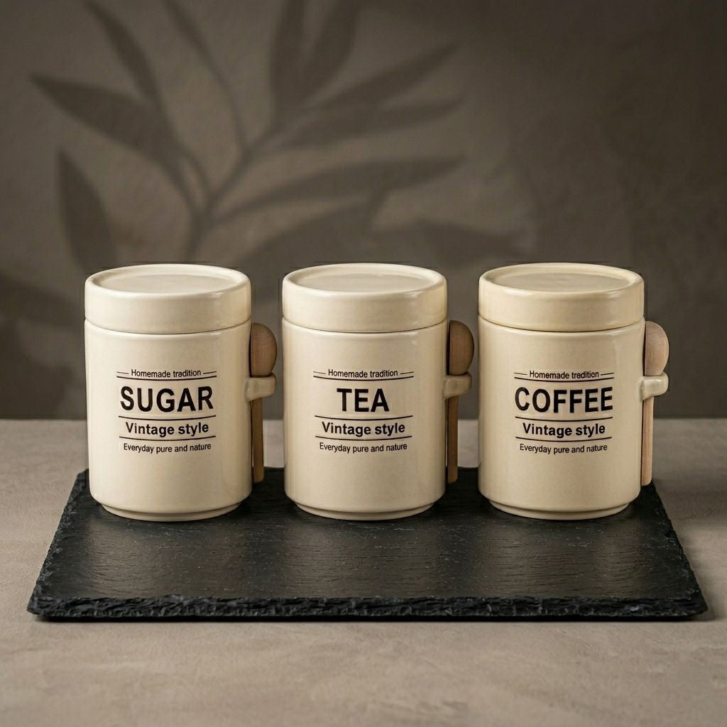 Serrana Glass The Heritage Pantry Trio — vintage-typography ceramic canisters with integrated wooden spoons