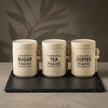 Serrana Glass The Heritage Pantry Trio — vintage-typography ceramic canisters with integrated wooden spoons