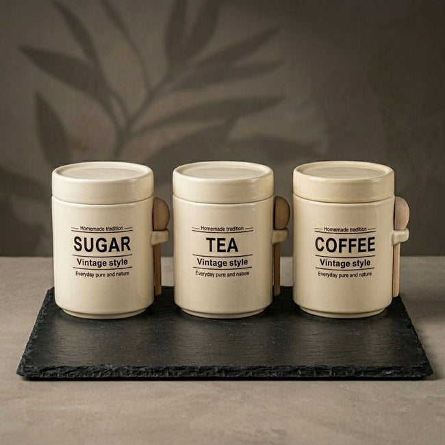 Serrana Glass The Heritage Pantry Trio — vintage-typography ceramic canisters with integrated wooden spoons