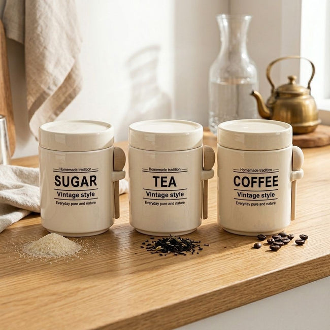 Serrana Glass The Heritage Pantry Trio — vintage-typography ceramic canisters with integrated wooden spoons