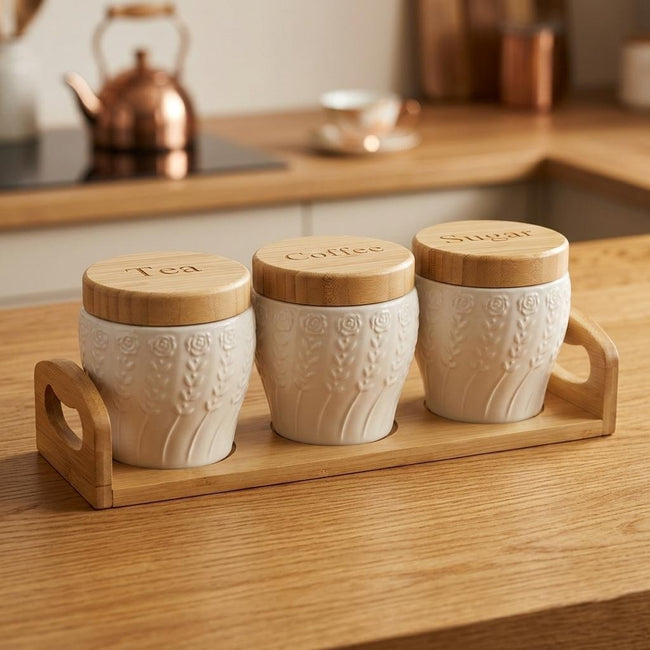 Serrana Glass The Rose Morning Set 3pcs — floral-embossed ceramic canisters with bamboo accents for coffee station