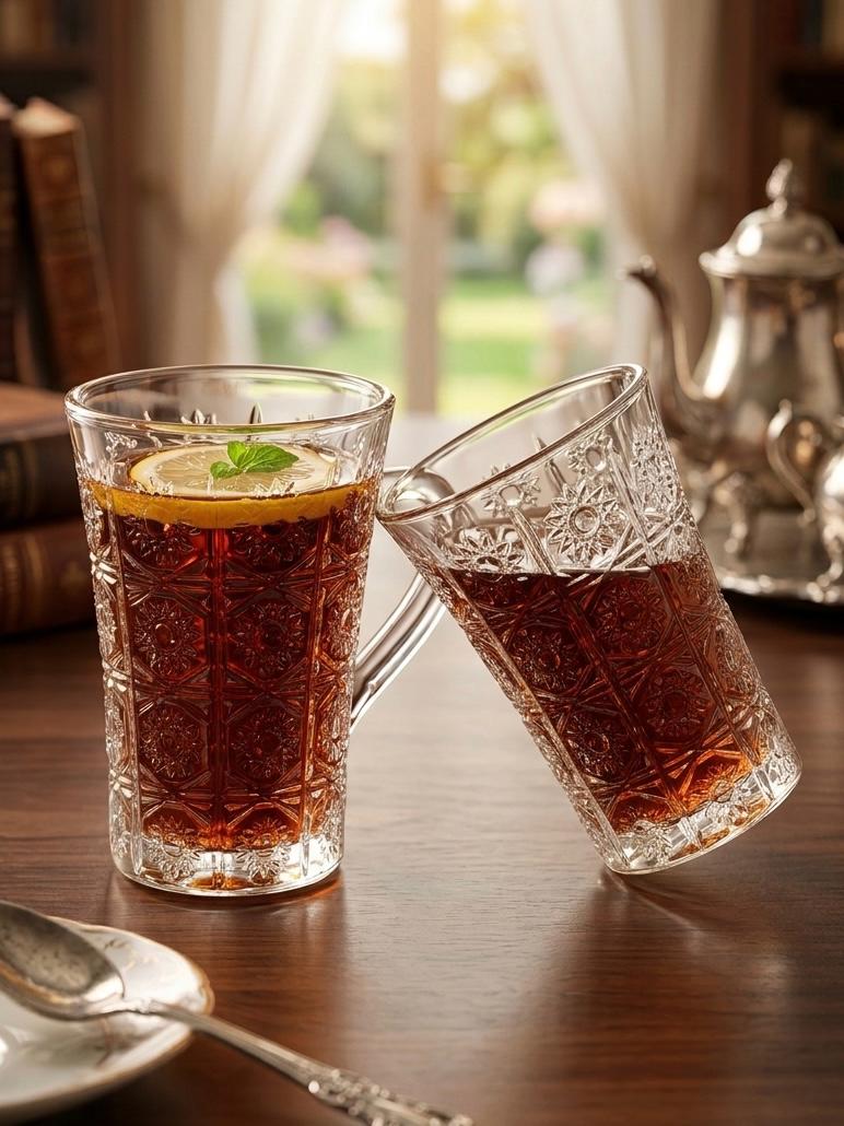 Serrana Glass Ampero Tea Mug Set 6Pcs — intricate sunburst pattern clear glass mug with handle for hot tea and coffee