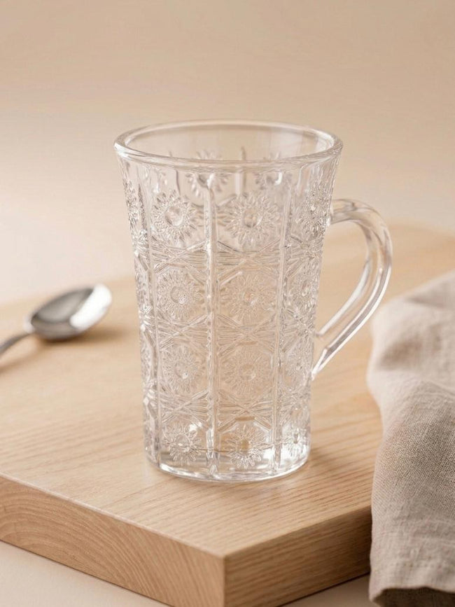 Serrana Glass Ampero Tea Mug Set 6Pcs — intricate sunburst pattern clear glass mug with handle for hot tea and coffee