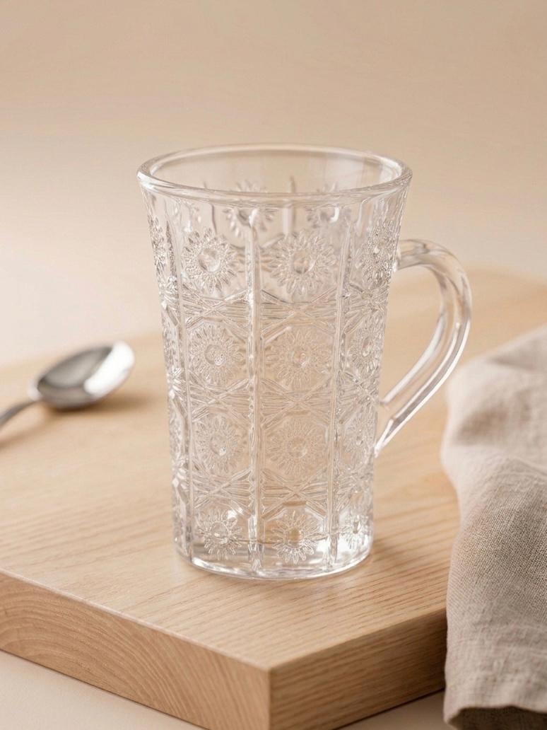 Serrana Glass Ampero Tea Mug Set 6Pcs — intricate sunburst pattern clear glass mug with handle for hot tea and coffee