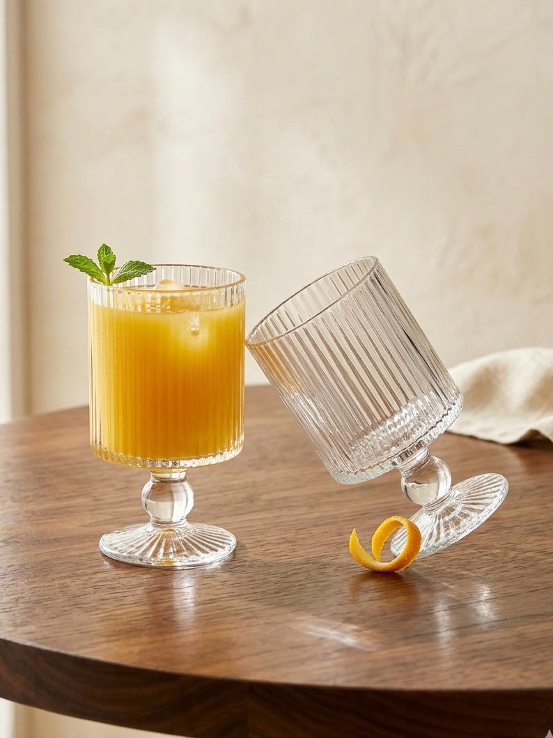 Serrana Glass Julia Flute Glass set 6pcs 240ml — ribbed fluted stemmed glass with spherical node for cocktails