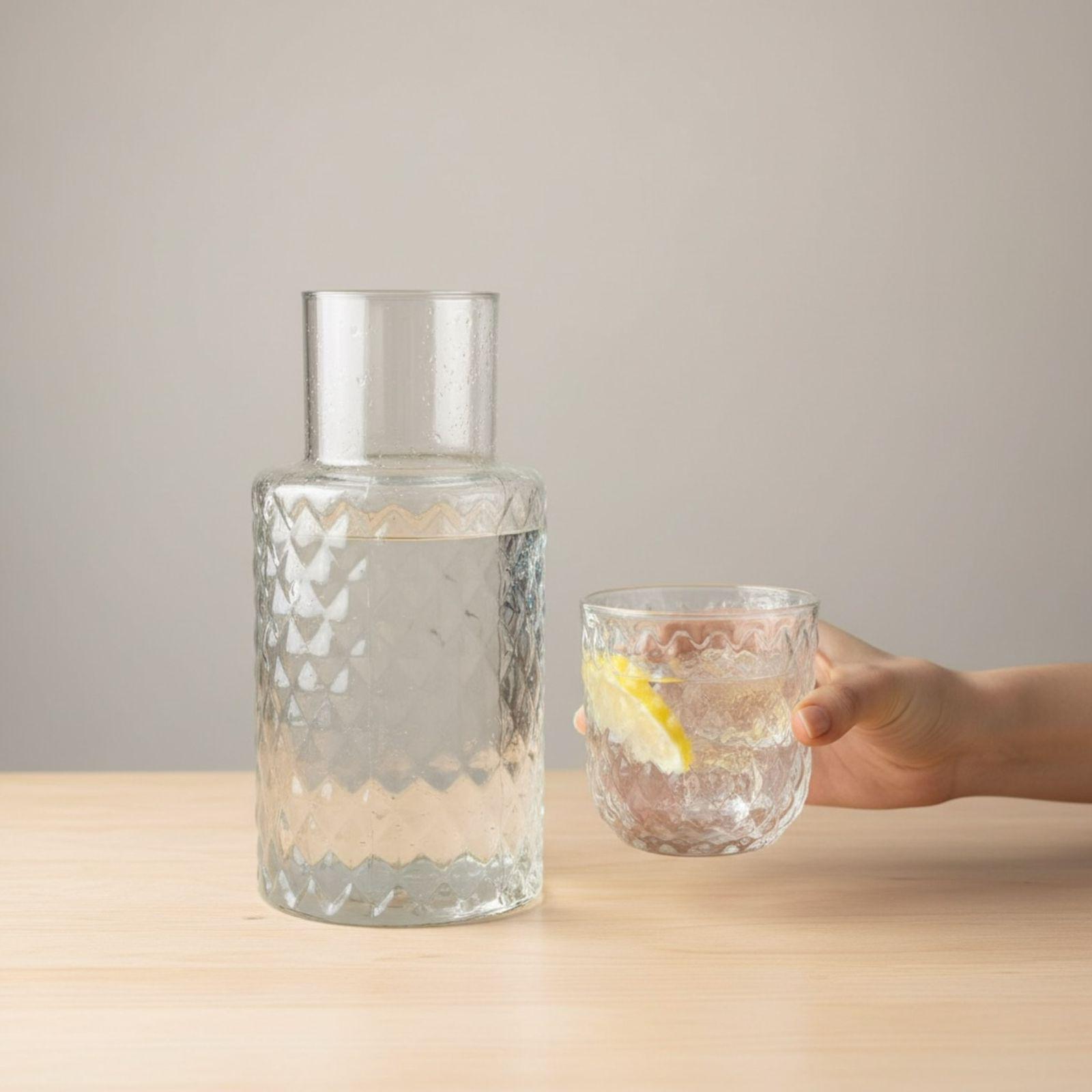 Serrana Glass Opera handmade carafe — textured contemporary handmade glass, 407ml 22cm, for water and juice