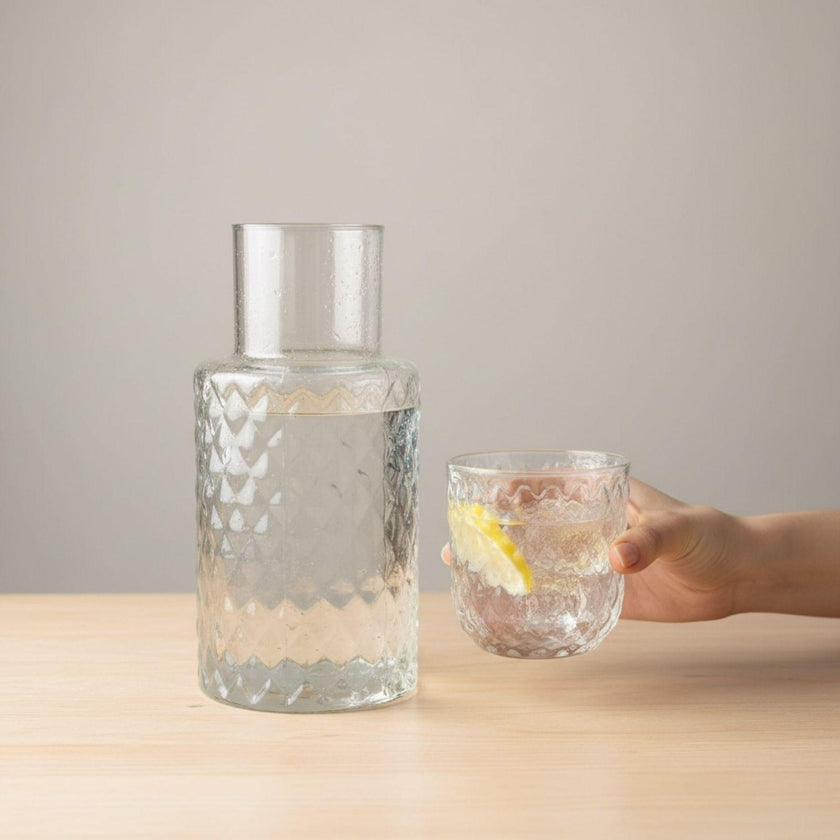 Serrana Glass Opera handmade carafe — textured contemporary handmade glass, 407ml 22cm, for water and juice