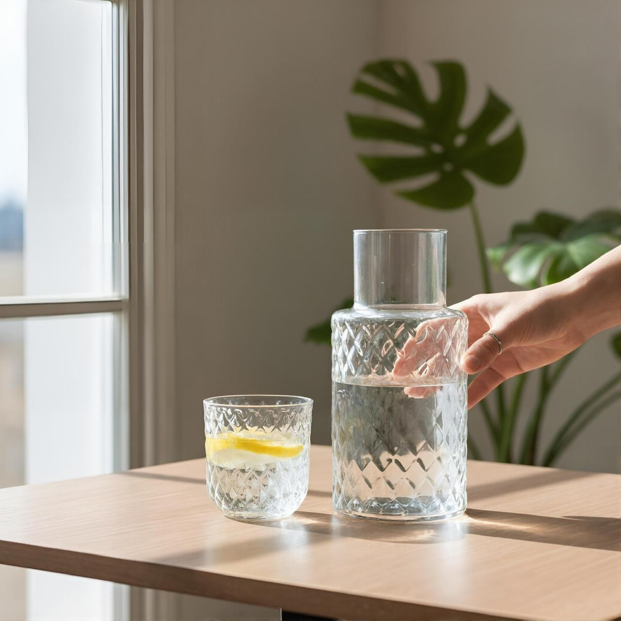 Serrana Glass Opera handmade carafe — textured contemporary handmade glass, 407ml 22cm, for water and juice