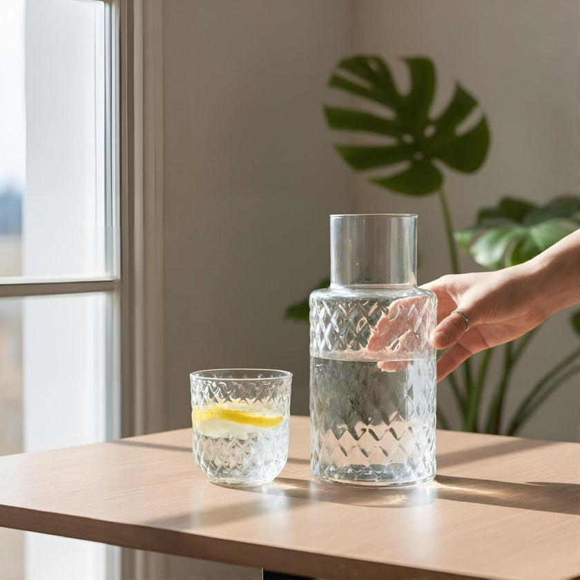 Serrana Glass Opera handmade carafe — textured contemporary handmade glass, 407ml 22cm, for water and juice
