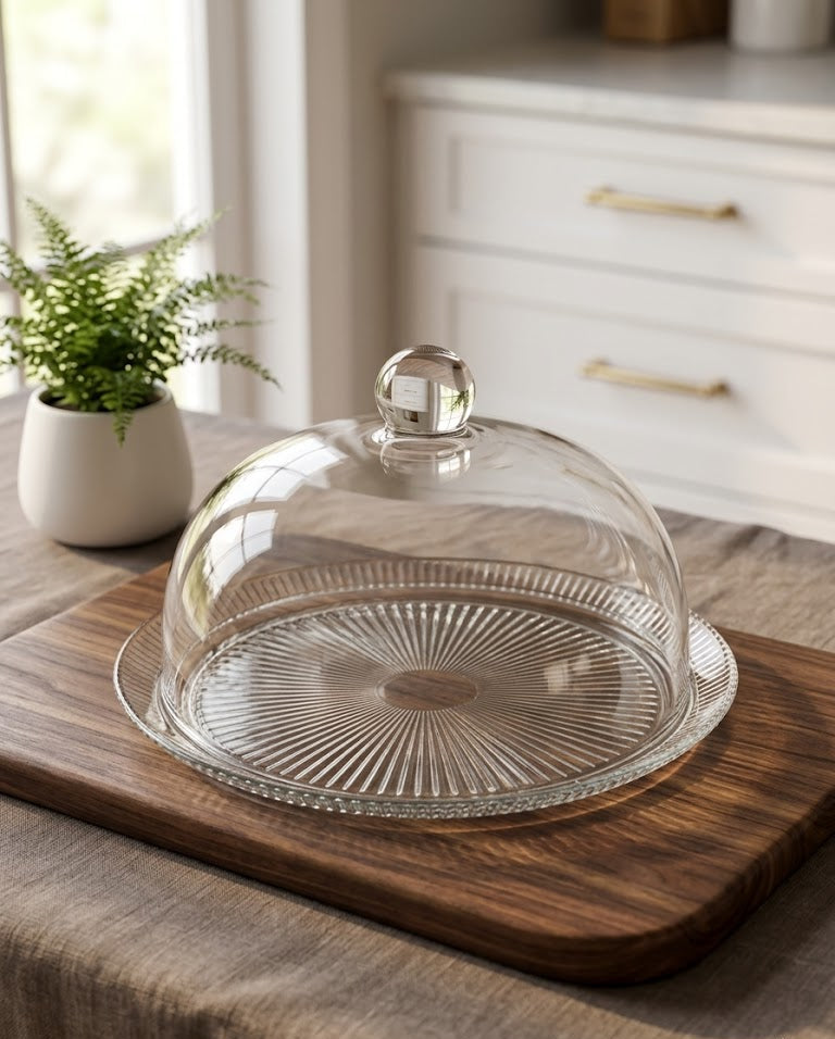Serrana Glass Tarta 33cm Cake Plate with Dome Cover — radial ribbed glass plate with dome cover for cakes and pastries