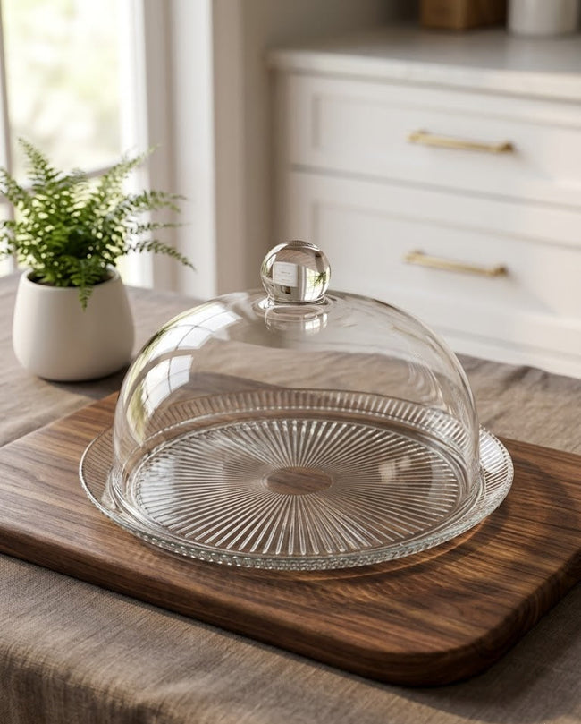 Serrana Glass Tarta 33cm Cake Plate with Dome Cover — radial ribbed glass plate with dome cover for cakes and pastries