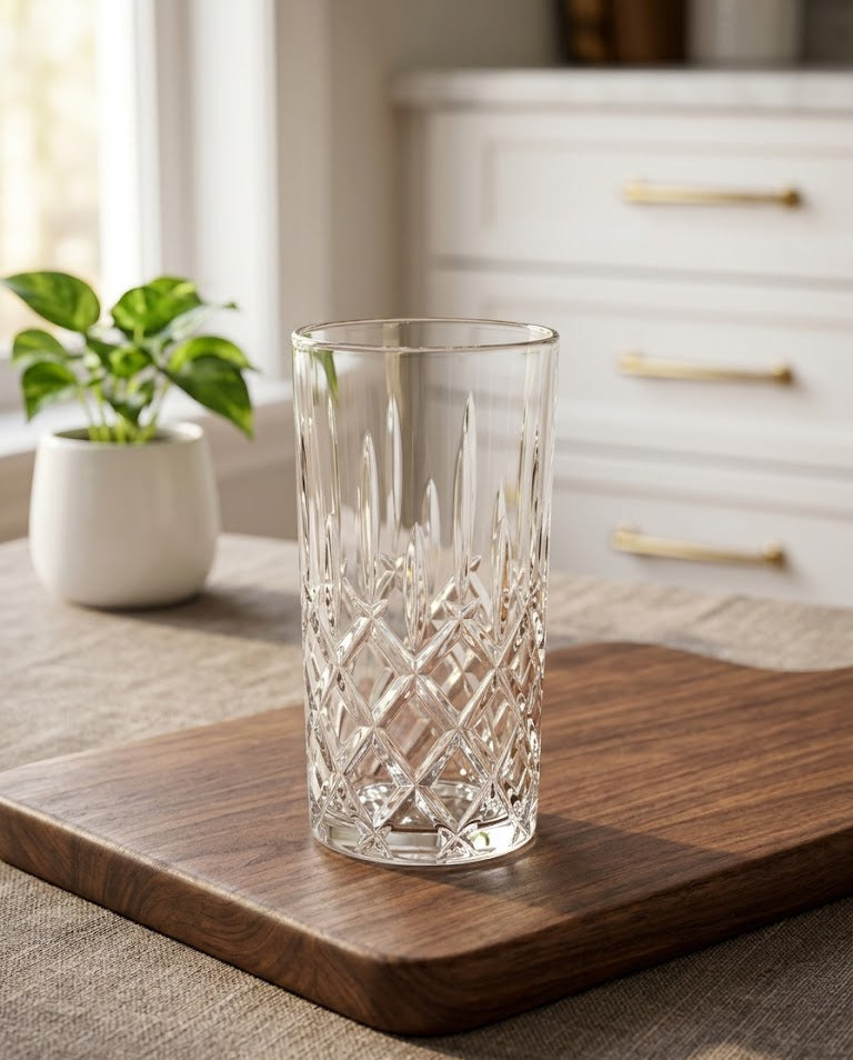 Serrana Glass Murano Premium Highball Glass Set 300ml 6pcs — elegant diamond cut-glass for cocktails and sparkling water
