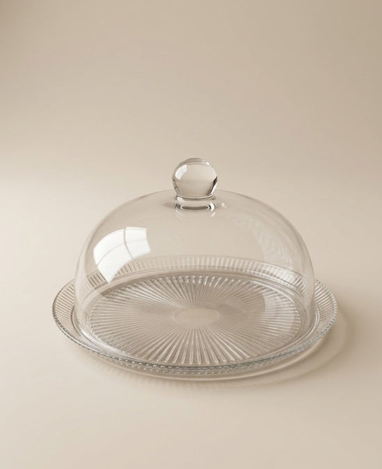 Serrana Glass Tarta 33cm Cake Plate with Dome Cover — radial ribbed glass plate with dome cover for cakes and pastries