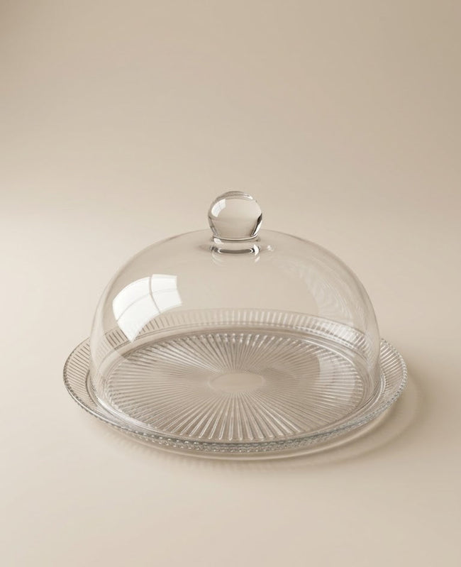 Serrana Glass Tarta 33cm Cake Plate with Dome Cover — radial ribbed glass plate with dome cover for cakes and pastries