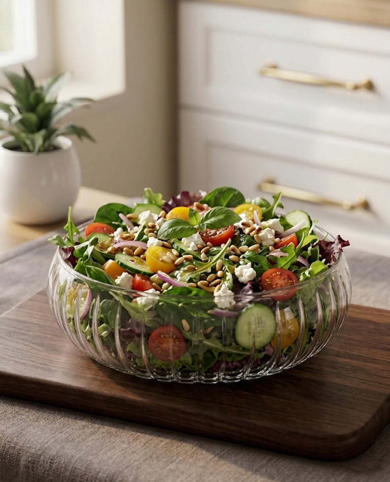 Serrana Glass Luce 24cm Premium Glass Serving Bowl — starburst-base vertically ribbed clear glass for salads and centerpiece