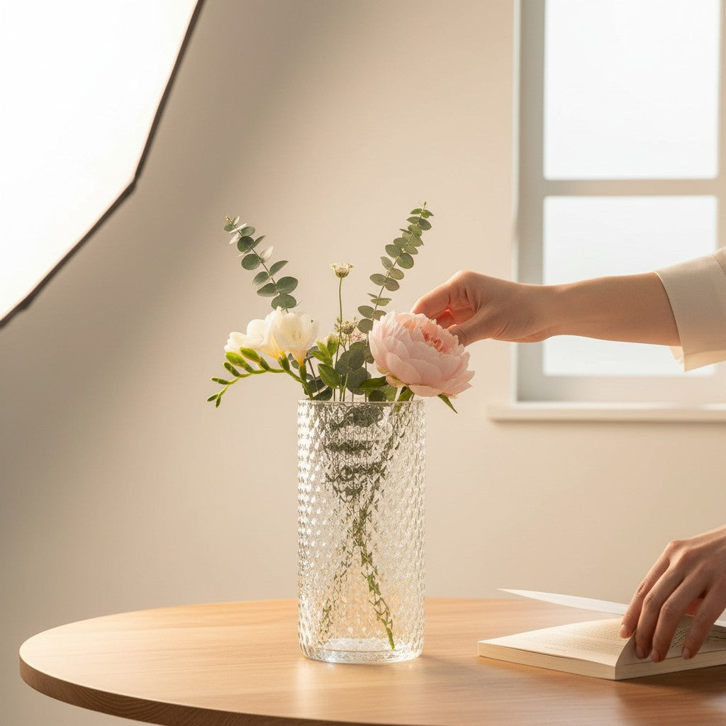 Serrana Glass Cil handmade Vase 30x15cm — cylindrical bubble-texture handmade glass for long-stem flowers and floor decor