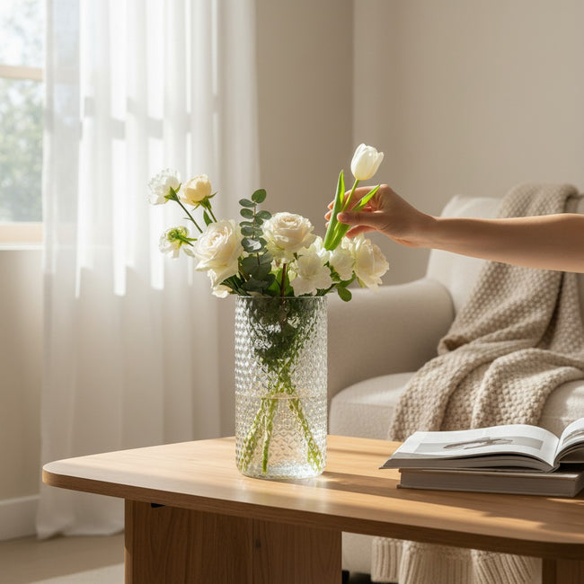 Serrana Glass Cil handmade Vase 30x15cm — cylindrical bubble-texture handmade glass for long-stem flowers and floor decor
