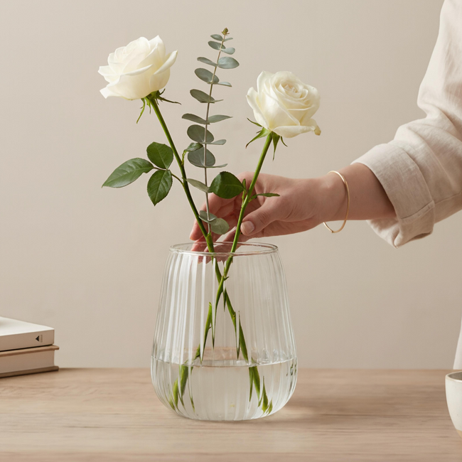 Serrana Glass Lilosh handmade vase 20cm — cylindrical ribbed bubble-texture glass for long-stem flowers and decor