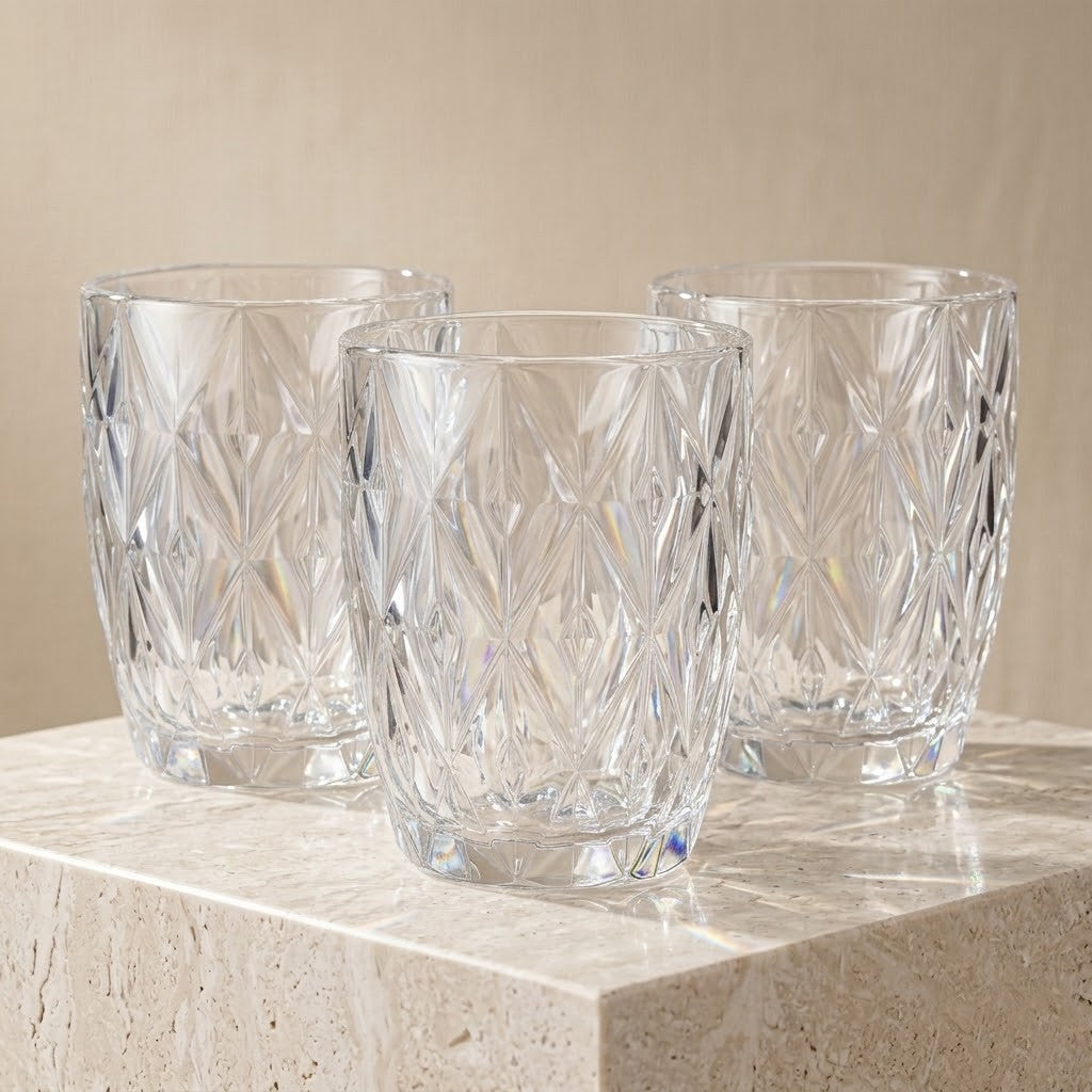 Serrana Glass Diamond Tumbler set 300ml 6pcs — sculpted diamond-texture clear glass for water juices and cocktails