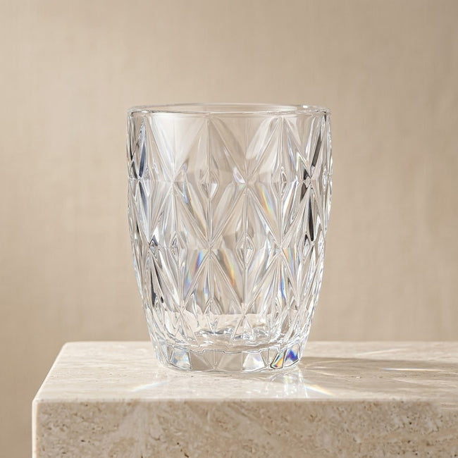 Serrana Glass Diamond Tumbler set 300ml 6pcs — sculpted diamond-texture clear glass for water juices and cocktails