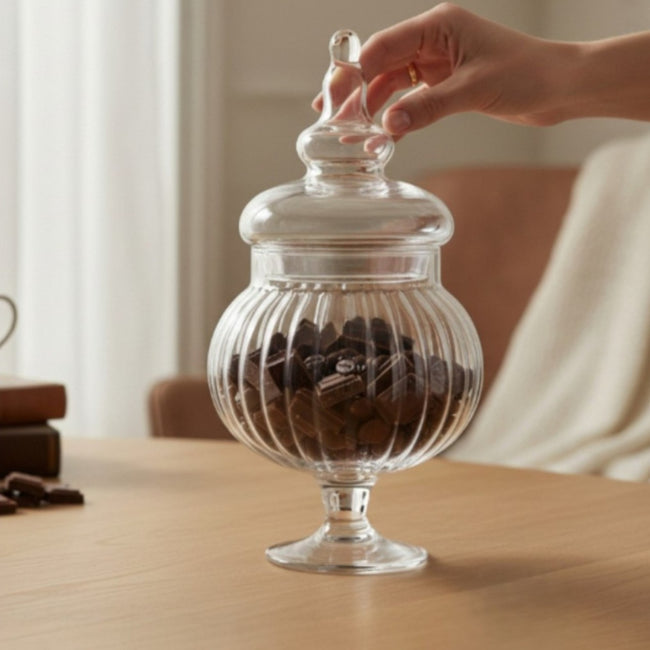 Serrana Glass Momento bonboneira 33cm — ribbed glass jar with lid, 33cm x 17.5cm, for sweets and countertop display